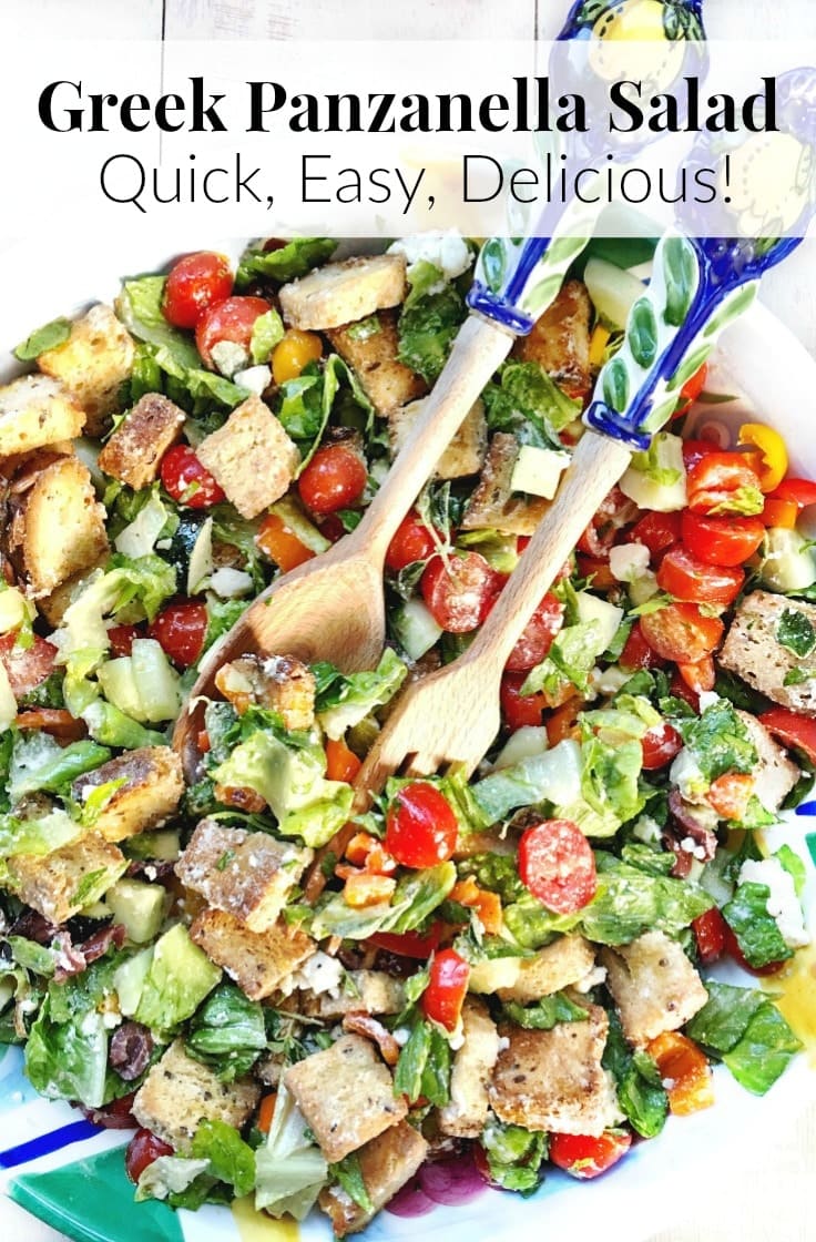 This Easy Greek Panzanella Salad is a delicious way to clean out the fridge & eat more veggies! Get the recipe at EA Stewart, The Spicy RD @thespicyrd | Gluten Free, Vegetarian, & Low FODMAP