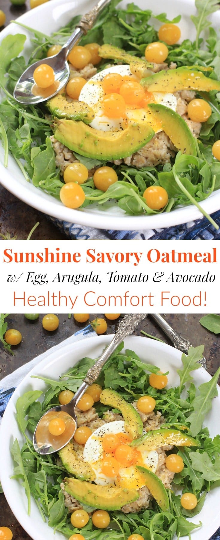 This quick and easy Sunshine Savory Oatmeal w/ Egg, Arugula, Tomatoes, and Avocado, is the ultimate healthy comfort food for breakfast, or any meal of the day! Get the gluten free and vegetarian recipe at EA Stewart, The Spicy RD @thespicyrd