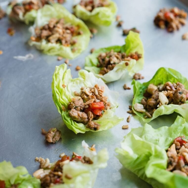 Ground turkey lettuce wraps on a silver tray.