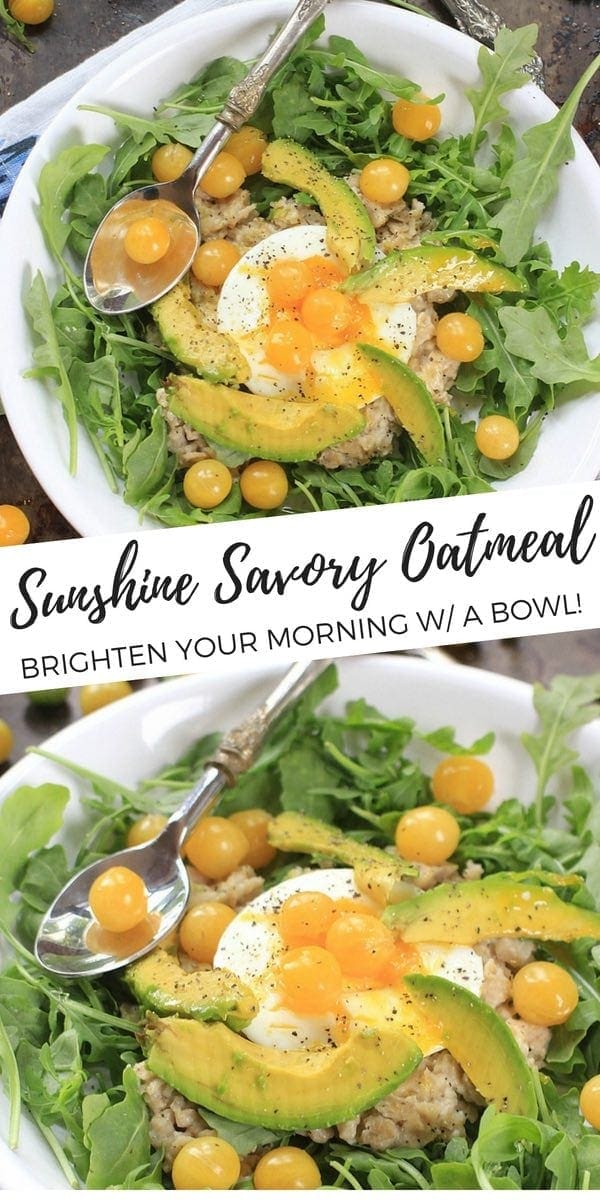 Savory Oatmeal w/ Egg, Arugula, Tomatoes, and Avocado is a deliciously healthy, high protein, high fiber breakfast. It's gluten free, vegetarian, and low FODMAP. Dig in! Recipe @thespicyrd #glutenfree #vegetarian #savoryoatmeal #lowfodmap