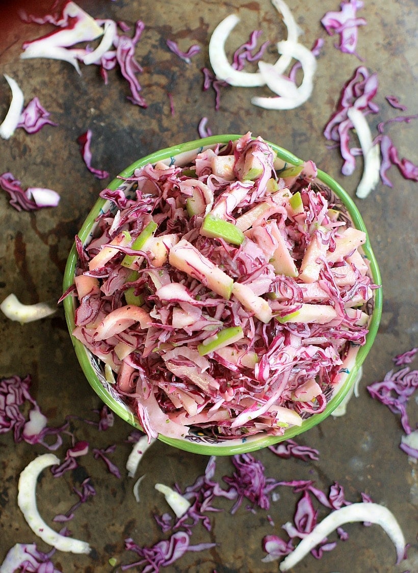 You'll love this Fennel, Apple and Red Cabbage Slaw tossed with Creamy Maple Lemon Tarragon Dressing. It's gluten free, low carb, and packed with nutrients. Enjoy it alone, with pulled pork, or on a ham sandwich~any way you eat it, it's delicious!