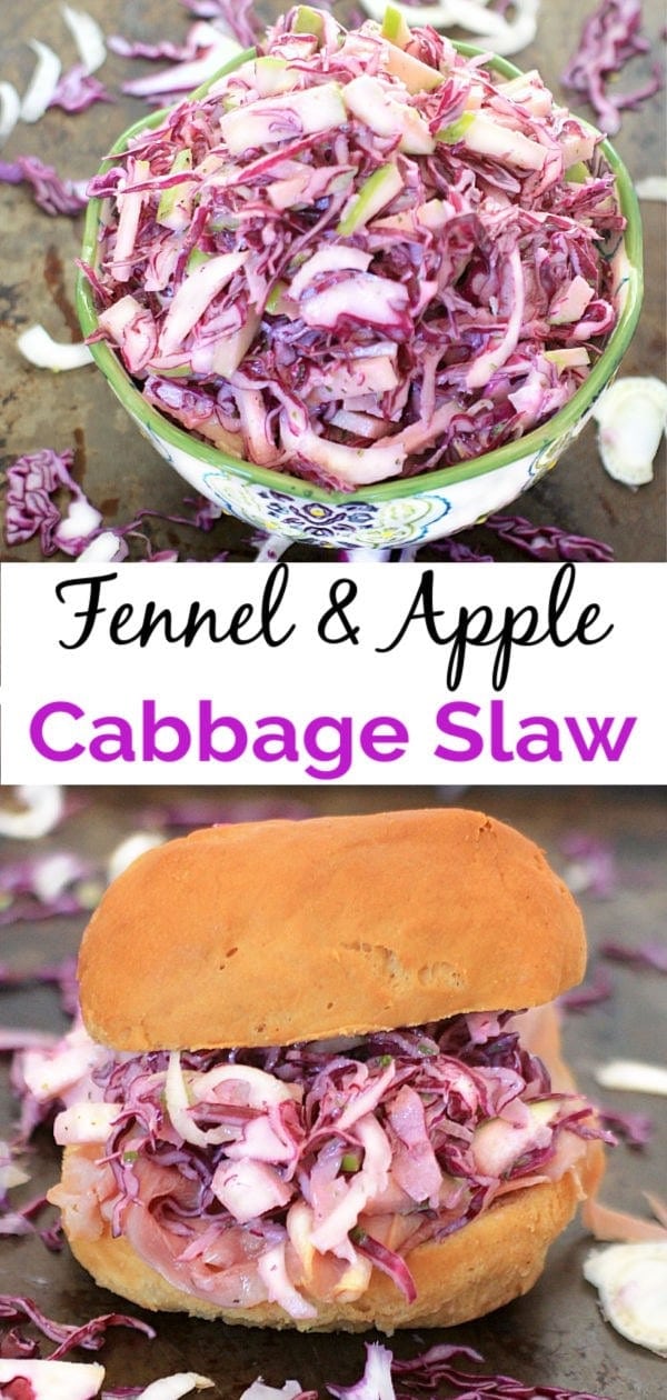 You'll love this Fennel, Apple and Red Cabbage Slaw tossed with Creamy Maple Lemon Tarragon Dressing. It's gluten free, low carb, and packed with nutrients. Enjoy it alone, with pulled pork, or on a ham sandwich~any way you eat it, it's delicious! #coleslaw #lowcarb #glutenfree #fall #apple #healthyfood #healthy #vegetarian