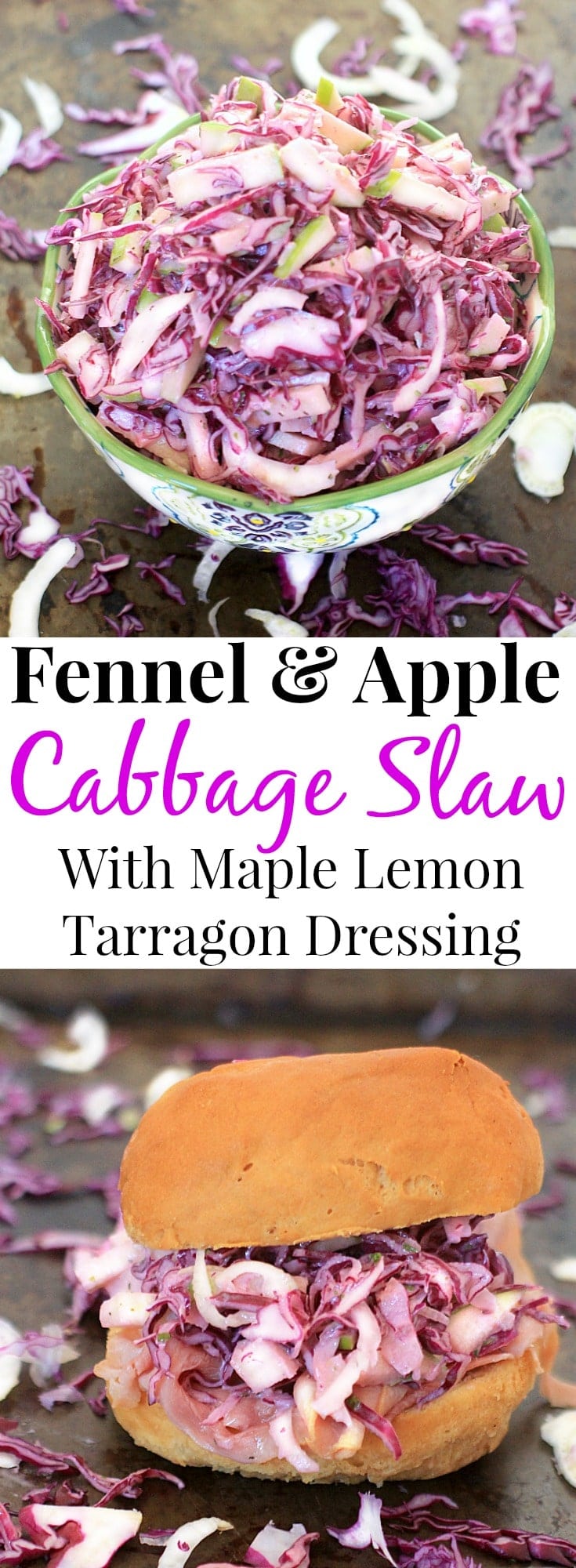 You'll love this Fennel, Apple and Red Cabbage Slaw tossed with Creamy Maple Lemon Tarragon Dressing. It's gluten free, low carb, and packed with nutrients. Enjoy it alone, with pulled pork, or on a ham sandwich~any way you eat it, it's delicious! #coleslaw #lowcarb #glutenfree #fall #apple #healthyfood #healthy #vegetarian
