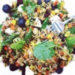 This delicious & refreshing quinoa salad {gluten free, vegan, low FODMAP option} is packed with detox friendly veggies, brain friendly blueberries, + protein & fiber rich chickpeas & almonds. Top it off with your favorite dressing, for a super nourishing plant powered salad!