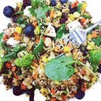 This delicious & refreshing quinoa salad {gluten free, vegan, low FODMAP option} is packed with detox friendly veggies, brain friendly blueberries, + protein & fiber rich chickpeas & almonds. Top it off with your favorite dressing, for a super nourishing plant powered salad!