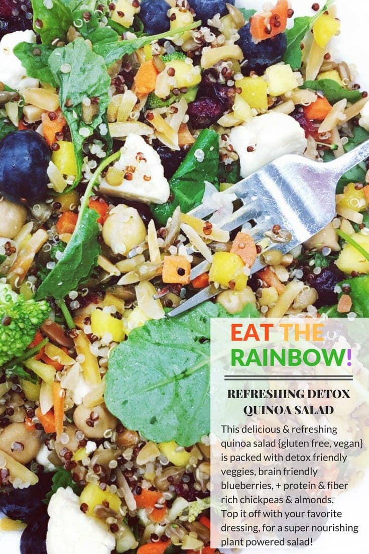 This delicious & refreshing quinoa salad is packed with detox friendly veggies, brain friendly blueberries, + protein & fiber rich chickpeas & almonds. Top it off with your favorite dressing, for a super nourishing plant powered salad! #glutenfree #vegan #lowfodmap #healthyfood