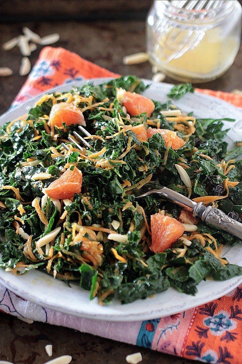 Low FODMAP Kale Salad with Carrots, Almonds, & Citrus Vinaigrette