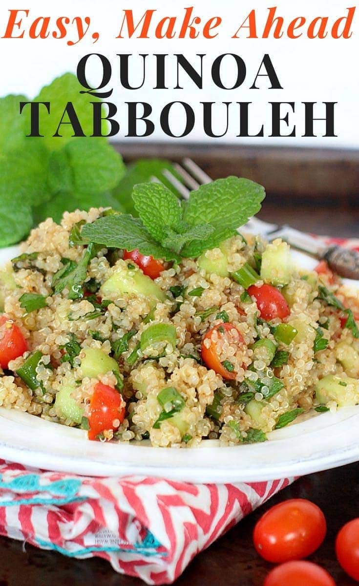 You can whip up a batch of this Quick & Easy Quinoa Tabbouleh in 20 minutes! Make it ahead of time, then eat it for dinner one night, and enjoy leftovers for lunch the next day. It's healthy AND delicious! #glutenfree #vegan #lowfodmap #healthyrecipes #mealprep #dinner #lunch