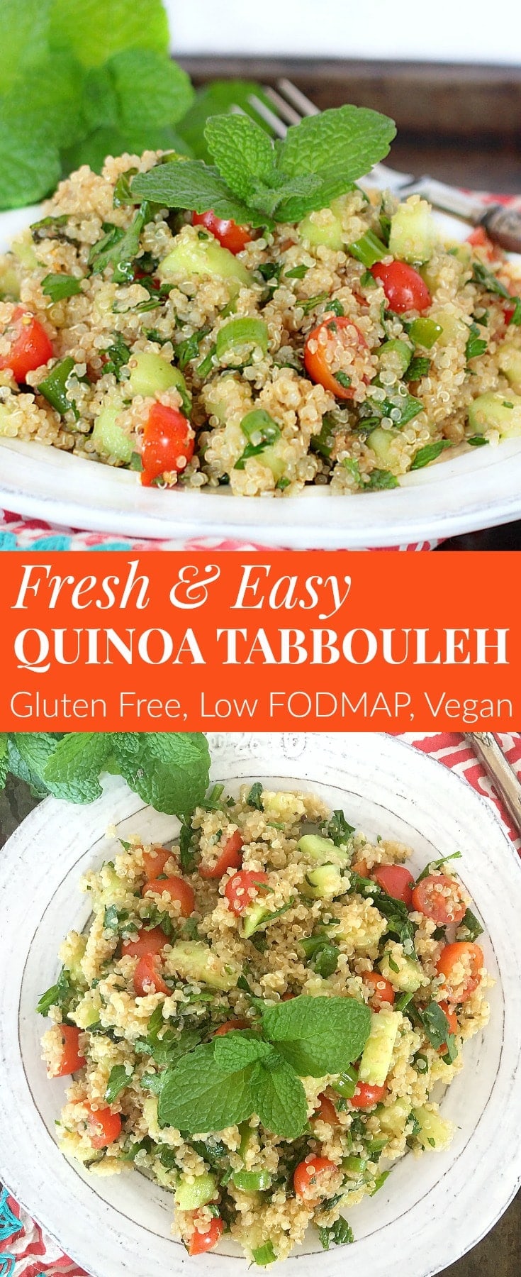 You can whip up a batch of this Fresh and Easy Quinoa Tabbouleh in 20 minutes! Enjoy it for dinner with your favorite sides, then save the leftovers for lunch the next day. It's nourishing AND delicious! #glutenfree #vegan #lowfodmap #healthyrecipes