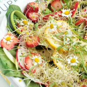 Spinach salad in a bowl topped with strawberries, radishes, sprouts, and honey miso dressing.
