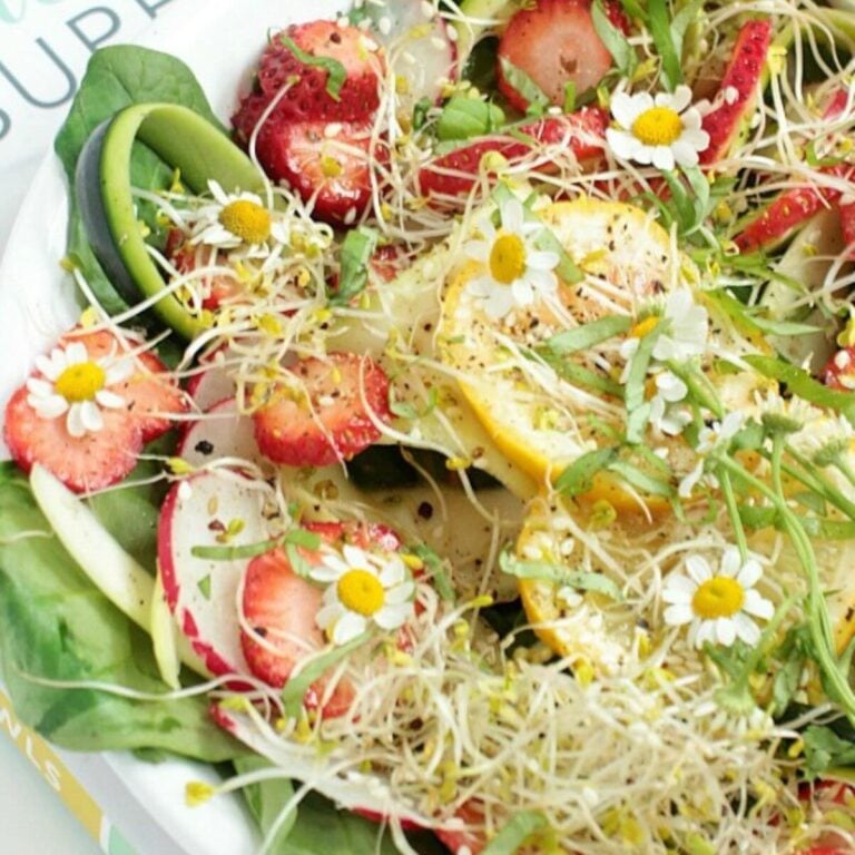 Spinach salad in a bowl topped with strawberries, radishes, sprouts, and honey miso dressing.