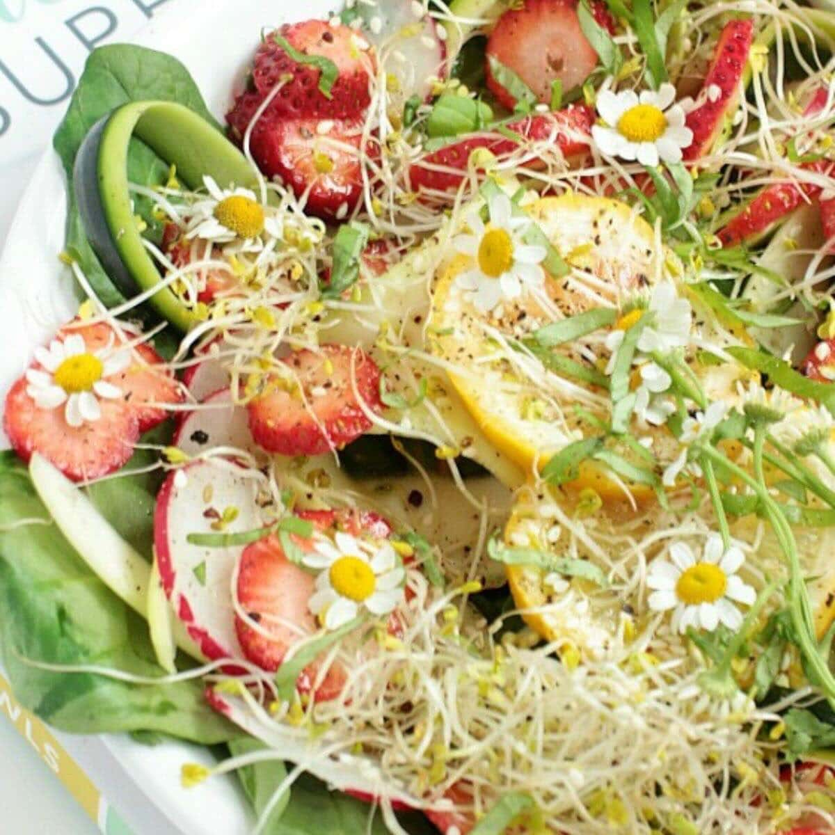 Spinach salad in a bowl topped with strawberries, radishes, sprouts, and honey miso dressing.