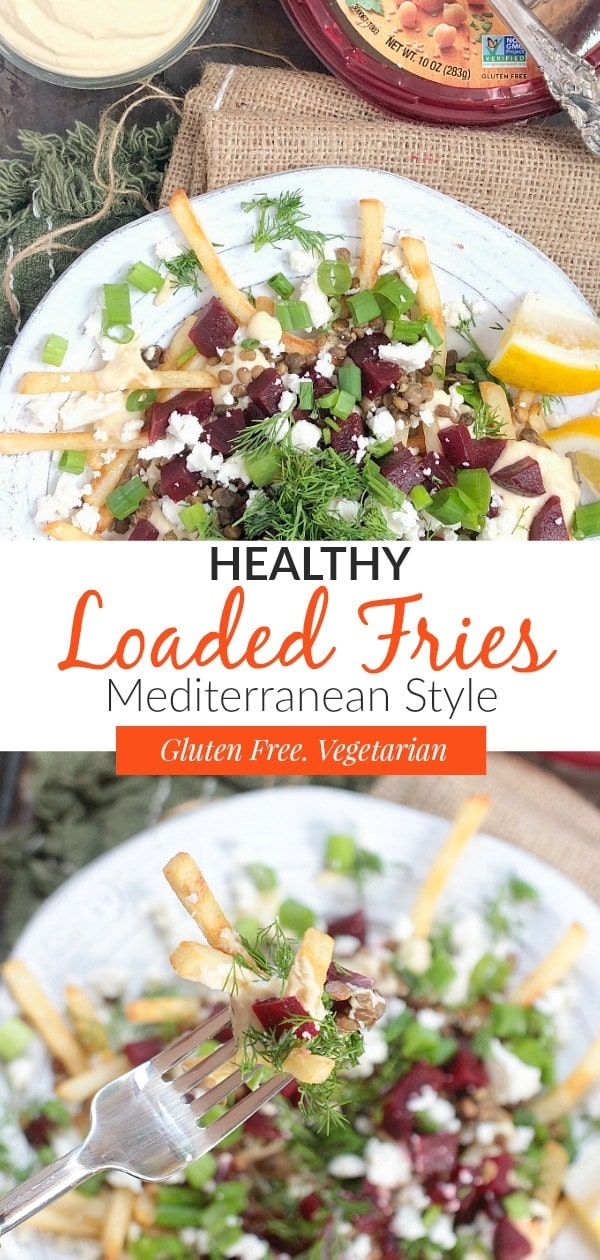 #AD These healthy loaded French fries are absolutely divine & super easy to make. Oven baked fries are topped with creamy Sabra hummus & yogurt dressing, lentils, beets, tangy feta cheese, and fresh herbs~they're perfect for a delicious Mediterranean inspired vegetarian dinner! #glutenfree #vegetarian #healthyrecipes #mediterraneandiet #glutenfreerecipes #vegetariandiet #fries #skinnyfries #lentils #beets