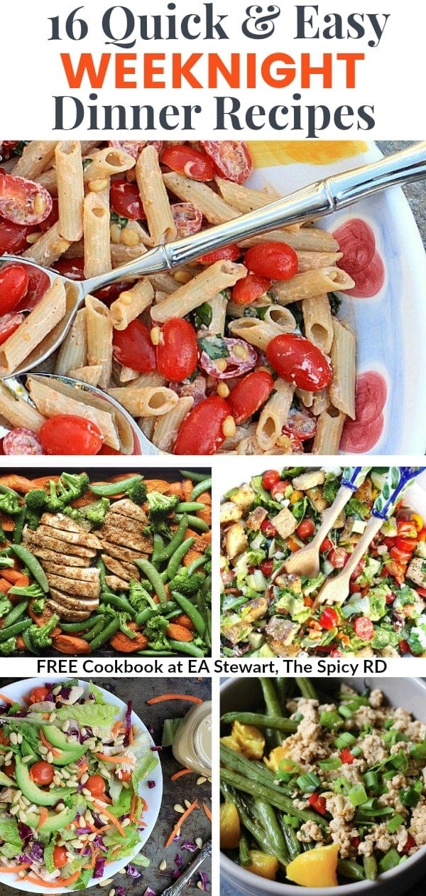 Is dinnertime a struggle? You'll love this FREE cookbook, 16 Quick and Easy Weeknight Dinner Recipes! Visit me at EA Stewart | The Spicy RD for your INSTANT download, and start making dinnertime enjoyable again!