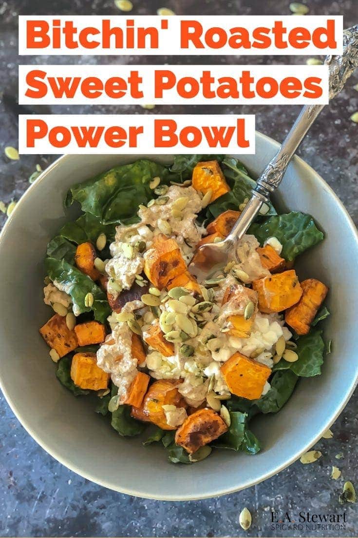 This Roasted Sweet Potatoes Power Bowl with Kale, Cottage Cheese, Pumpkin Seeds, & Spicy Bitchin' Sauce will make your taste buds jump for joy! It's packed with protein, healthy fats, and fiber rich carbs to keep your metabolism humming all afternoon long. You can batch cook the sweet potatoes ahead of time, and meal prep the power bowls for a super quick and easy lunch or dinner! #lunch #powerbowl #glutenfree #mealprep #sweetpotatoes #dinner #powerbowls