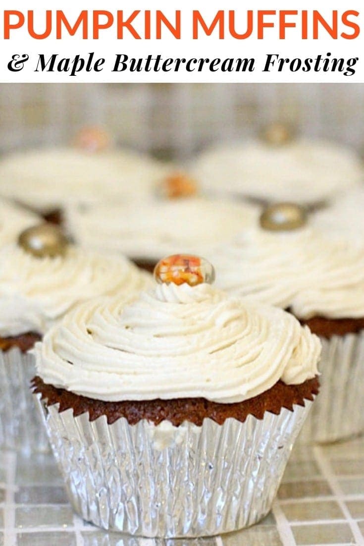 These Gluten Free Pumpkin Muffins w/ Maple Buttercream Frosting are a delicious Fall treat! Made with teff & sorghum flour, they're also low FODMAP, and flavored with pumpkin spice. Make a batch for dessert, or to share at your next holiday party! #pumpkinspice #pumpkinrecipes #glutenfree #lowfodmap #vegetarian