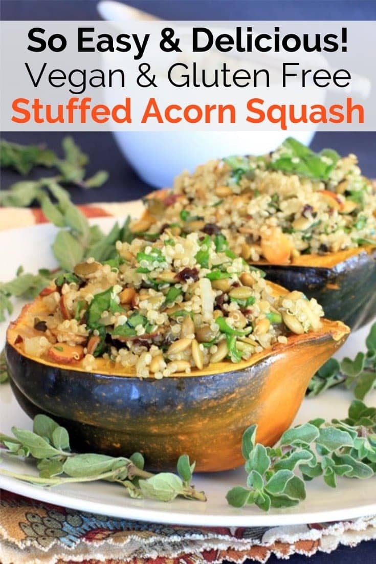 This Vegan Stuffed Acorn Squash {gluten free} is a healthy fall favorite! It's filled with a delicious pumpkin seed and tart cherry quinoa pilaf. Serve it as a side dish, an entree for Meatless Monday, or at your next holiday gathering~So delicious! #glutenfree #stuffedsquash #acornsquash #thanksgiving #meatless #dinner #vegan #fall