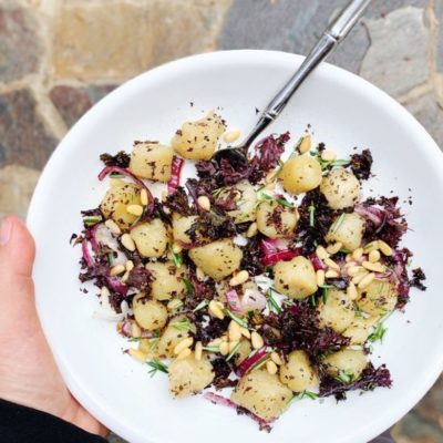 Trader Joe's Cauliflower Gnocchi in a white serving bowl.