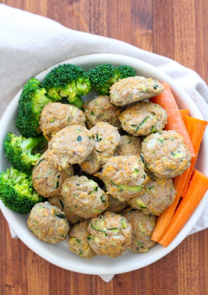 gluten free snacks for kids - turkey meatballs, broccoli, and carrots in a white bowl