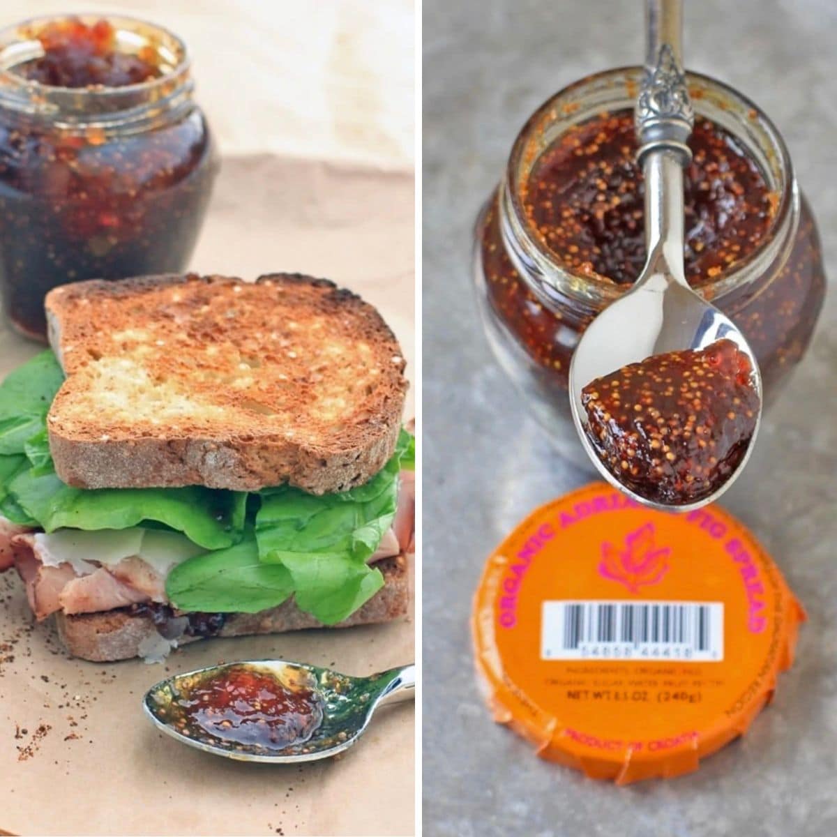Two photo collage: Ham sandwich with leafy greens and a jar of fig preserves.