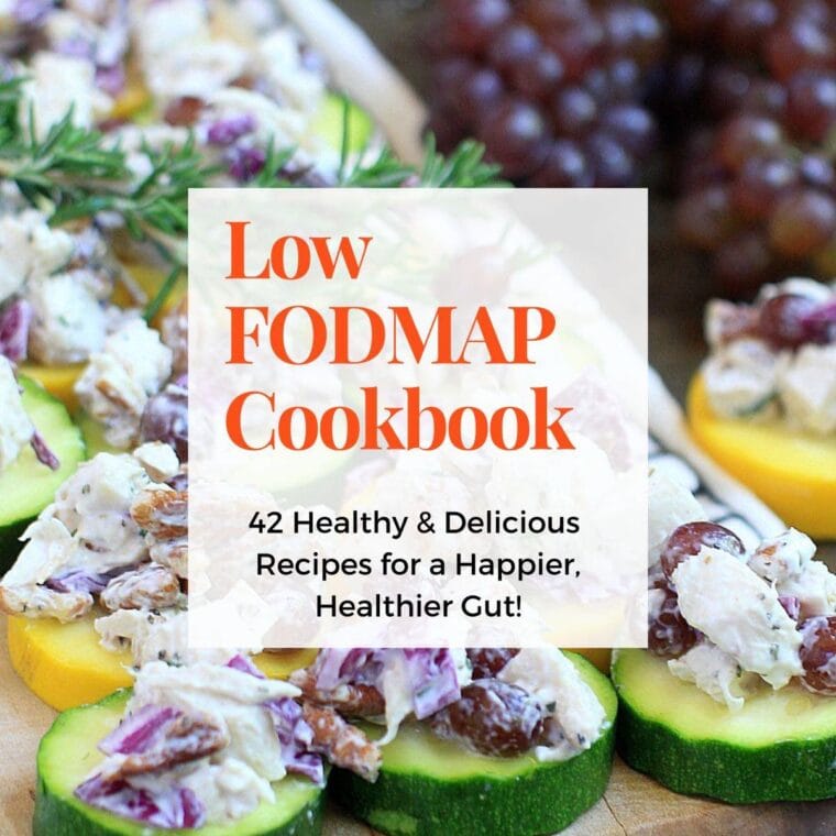 Chicken salad on zucchini chips with text overlay: Low FODMAP Cookbook.
