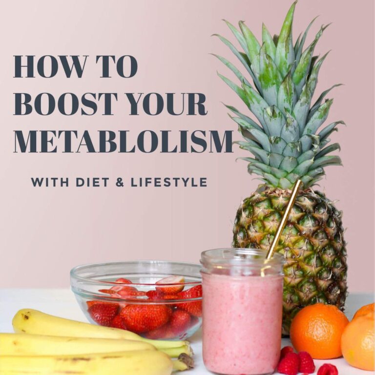 how to boost your metabolism text overlay on a picture of fruit and a smoothie