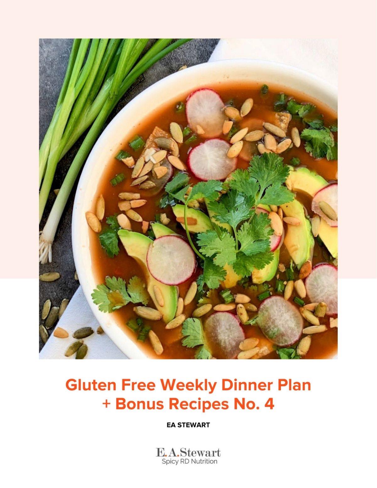 Gluten free weekly dinner plan 4cover page with a bowl of tortilla soup