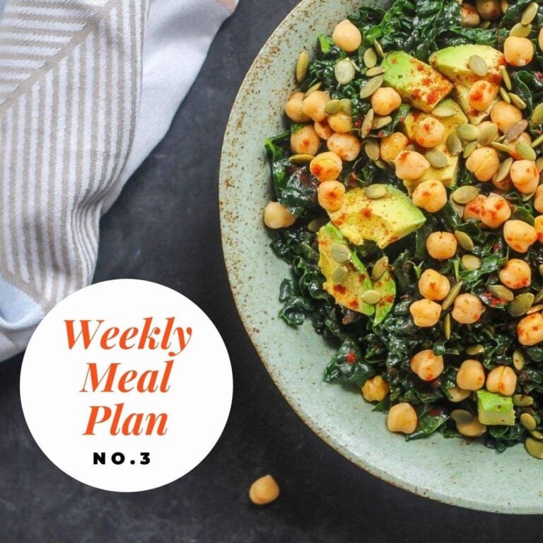 Photo of kale chickpea avocado salad and text overlay-weekly meal plan no 3
