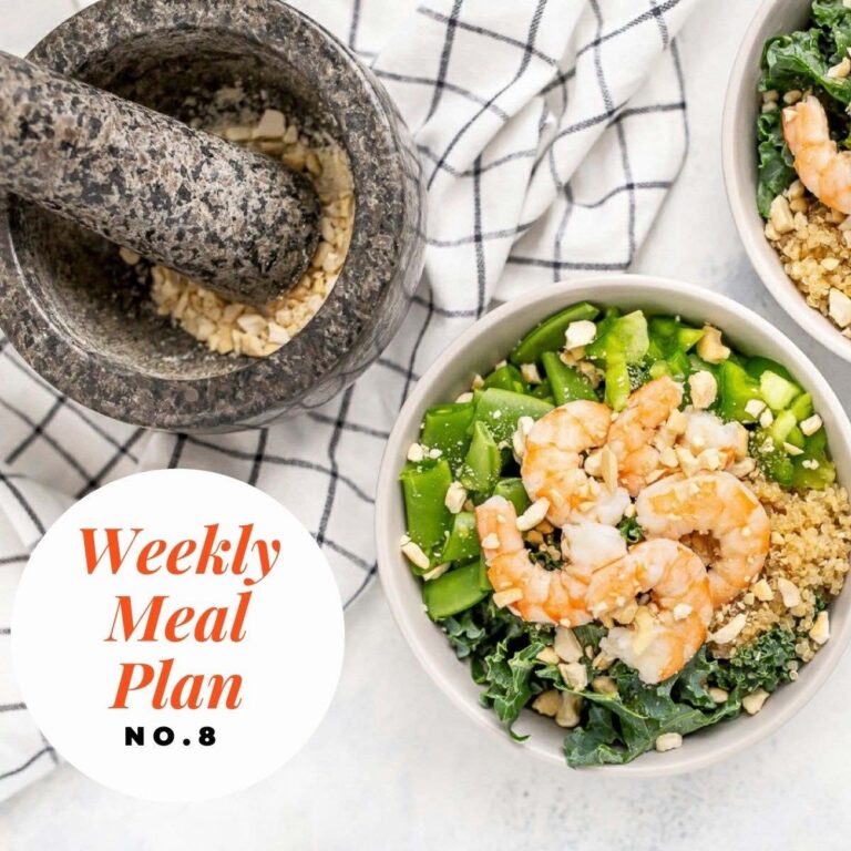 Overhead image of a shrimp kale and quinoa salad with text overlay-Weekly meal plan no 8.