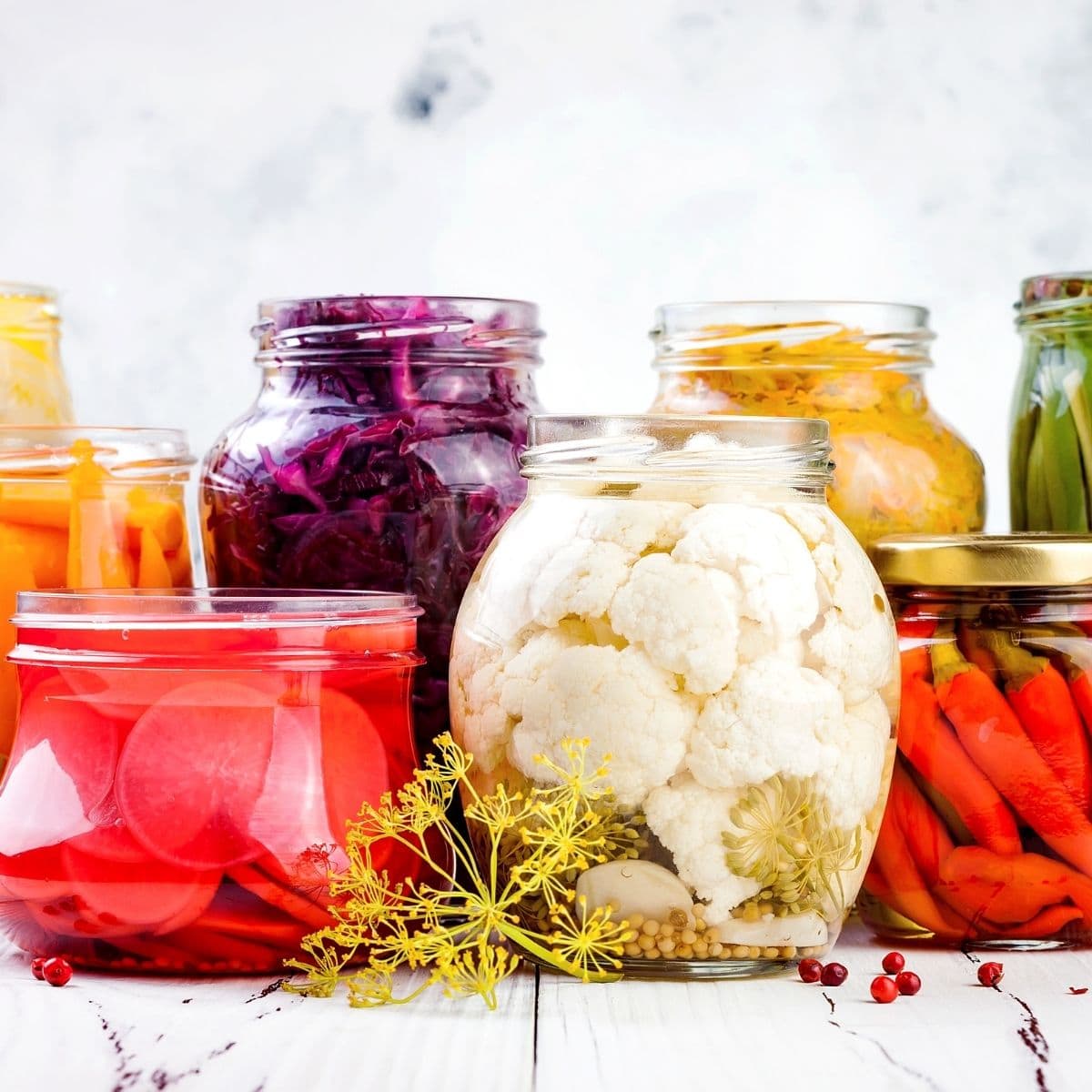 Jars of colorful fermented foods.