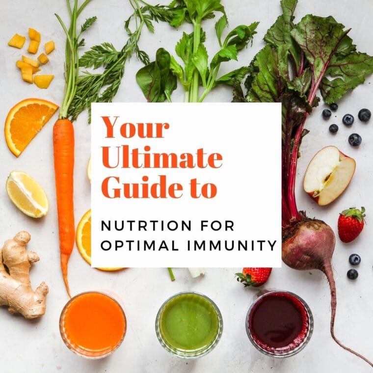 Overhead photo of colorful fruits and vegetables and 3 glasses of vegetable juice for optimal immunity.
