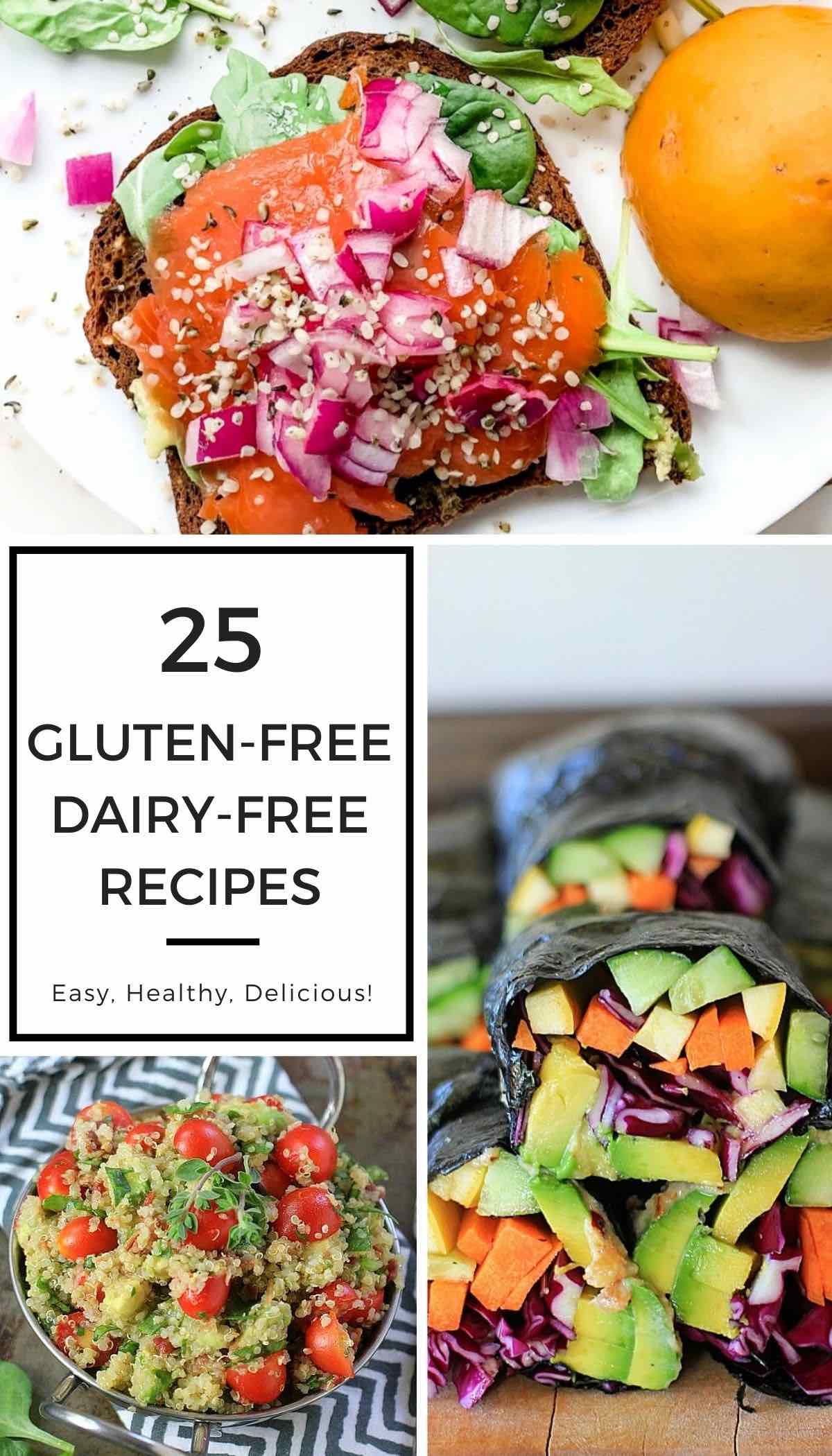Pinterest image collage with 3 gluten free dairy free recipes. A smoked salmon sandwich, quinoa salad, and nori wraps.