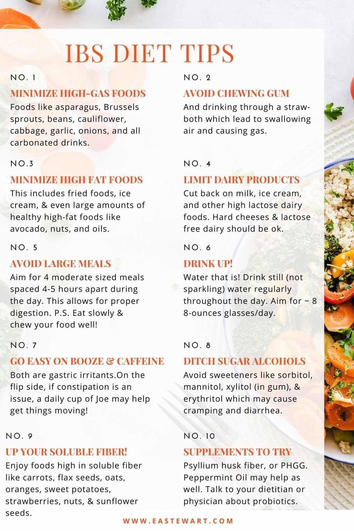 Graphic with 10 IBS diet tips listed and food in the background.