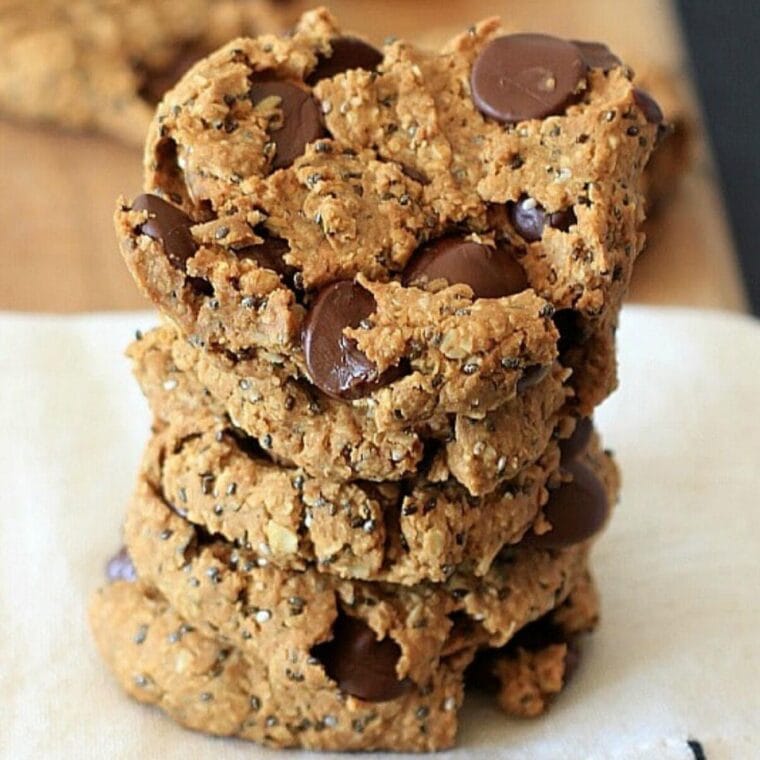 Stack of chia oatmeal chocolate chip breakfast cookies.