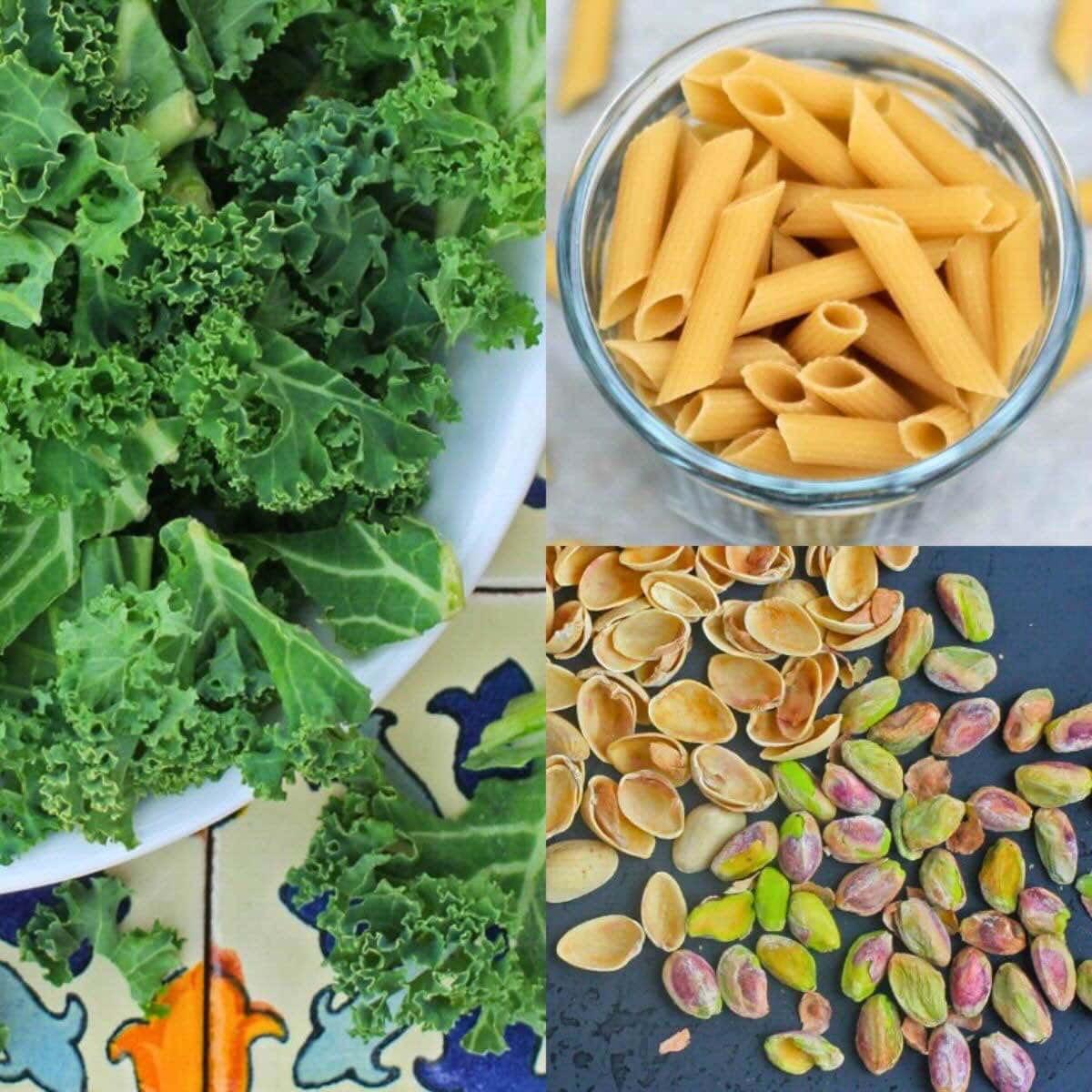 Photo collage with kale, dried pasta, and pistachio nuts.