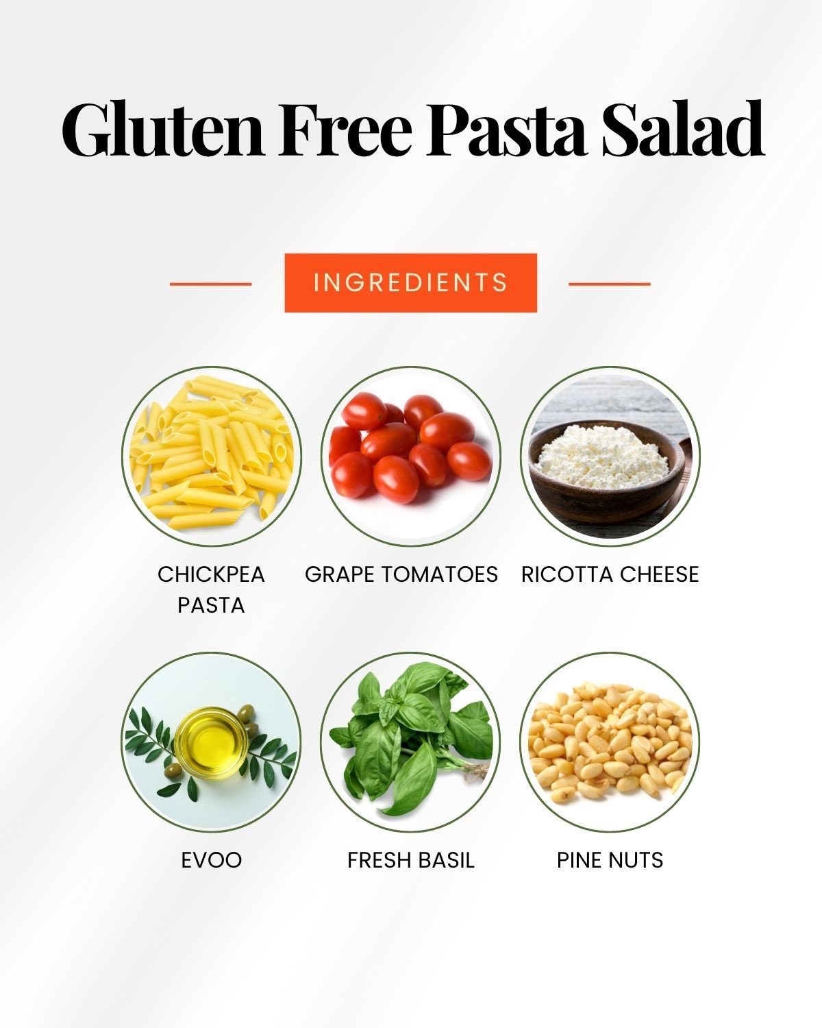 Pictures of ingredients needed to make a gluten free pasta salad.