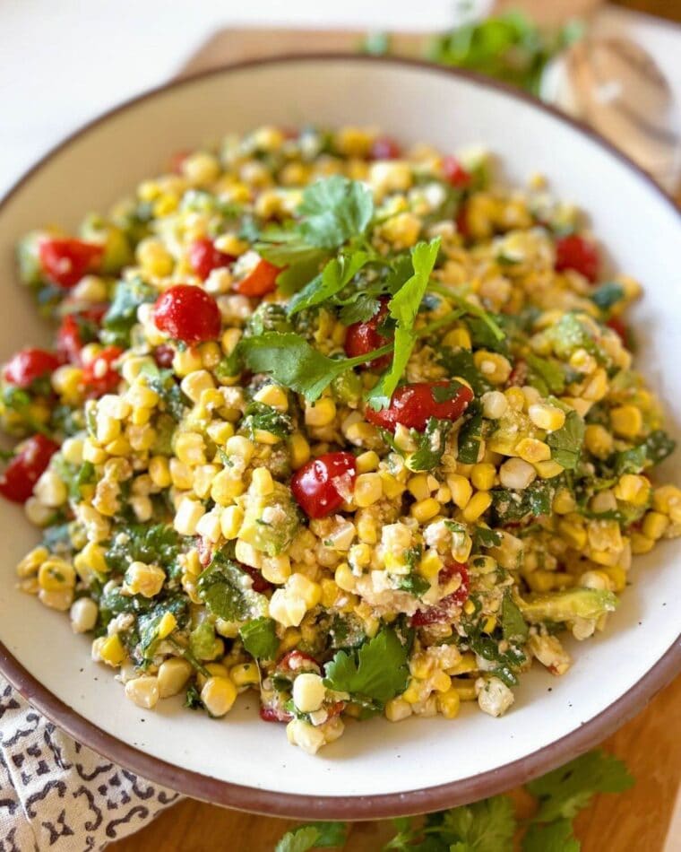 Corn avocado salad in a large white serving bowl.