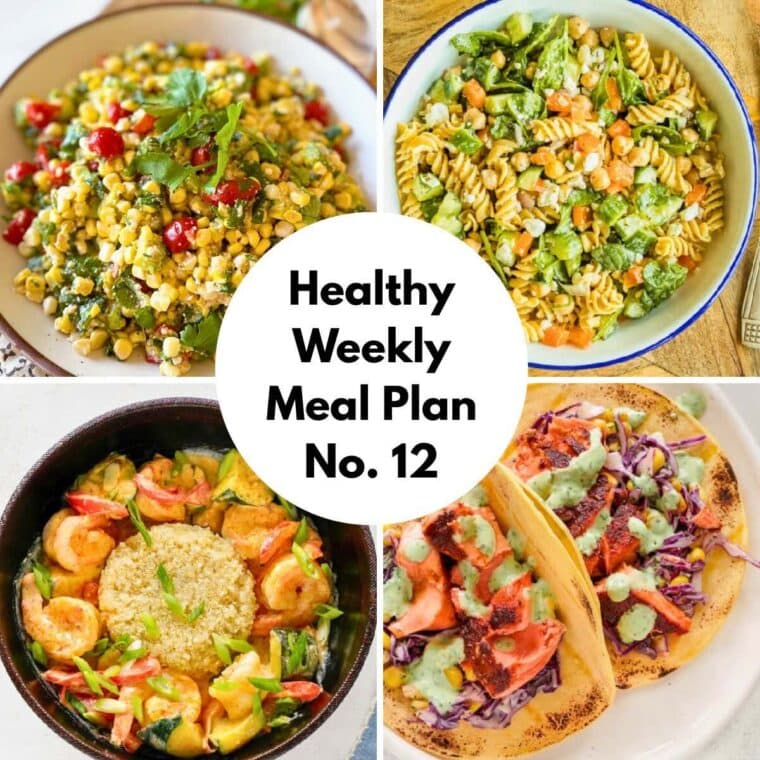 Collage with for different dinner photos for a healthy weekly meal plan.
