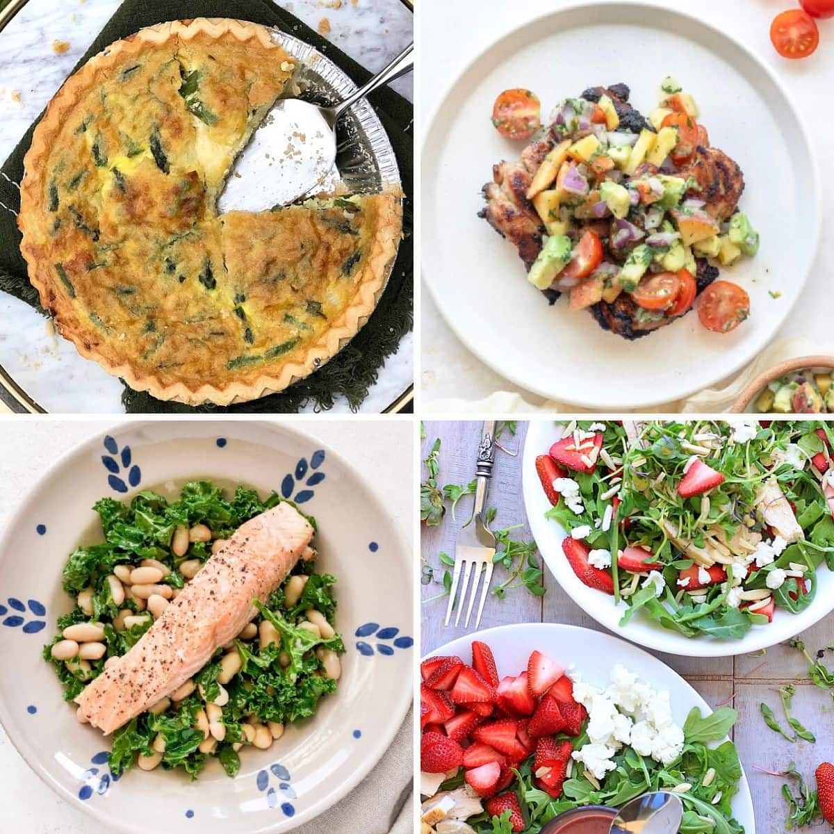 Photos of 4 dinner recipes for a weekly meal plan: quiche, chicken with fruit salsa, salmon salad, and strawberry chicken salad.