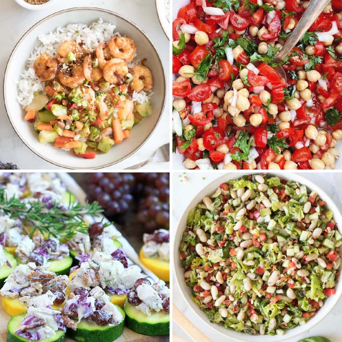 Photo collage with 4 healthy dinner recipes: shrimp and rice bowl, chickpea salad, chicken salad, and bean salad.