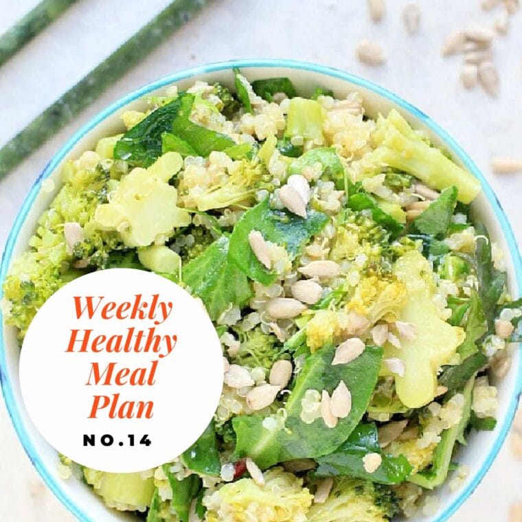 Quinoa broccoli salad in a blue and white bowl.