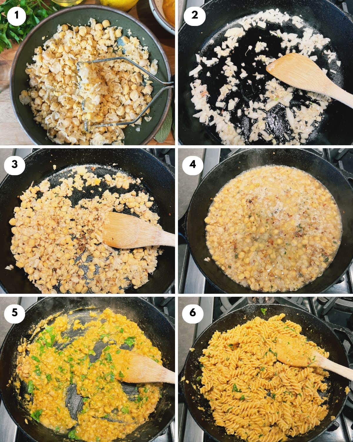 Six photo collage with step by step images for making high protein pasta with pumpkin sauce.