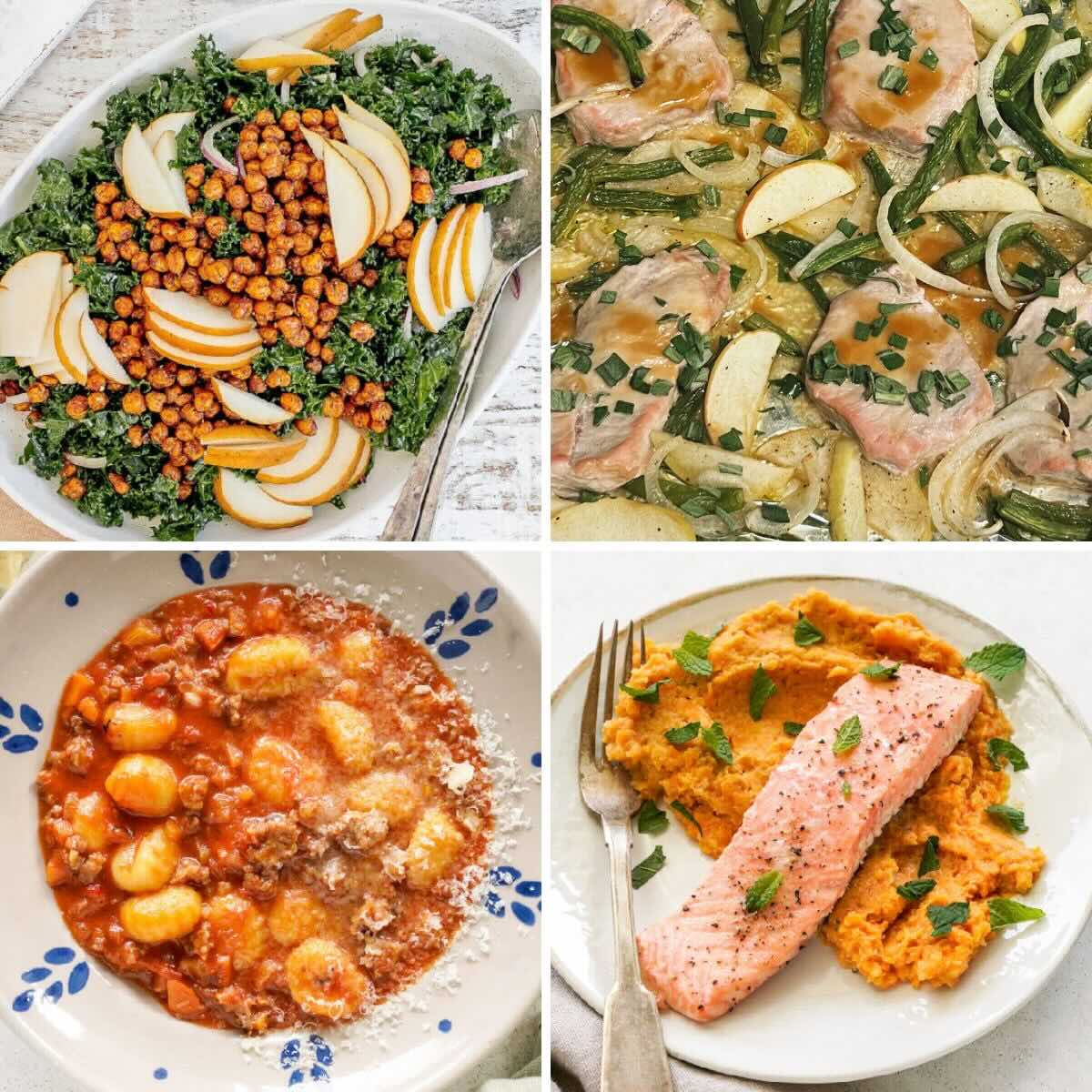 Four photo collage with fall harvest salad, tortilla soup, gnocchi with ragu sauce, and salmon over lentil carrot mash. 