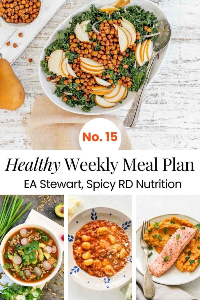 Four photo collage with fall harvest salad, tortilla soup, gnocchi with ragu sauce, and salmon over lentil carrot mash. Text overlay: Healthy Weekly Meal Plan