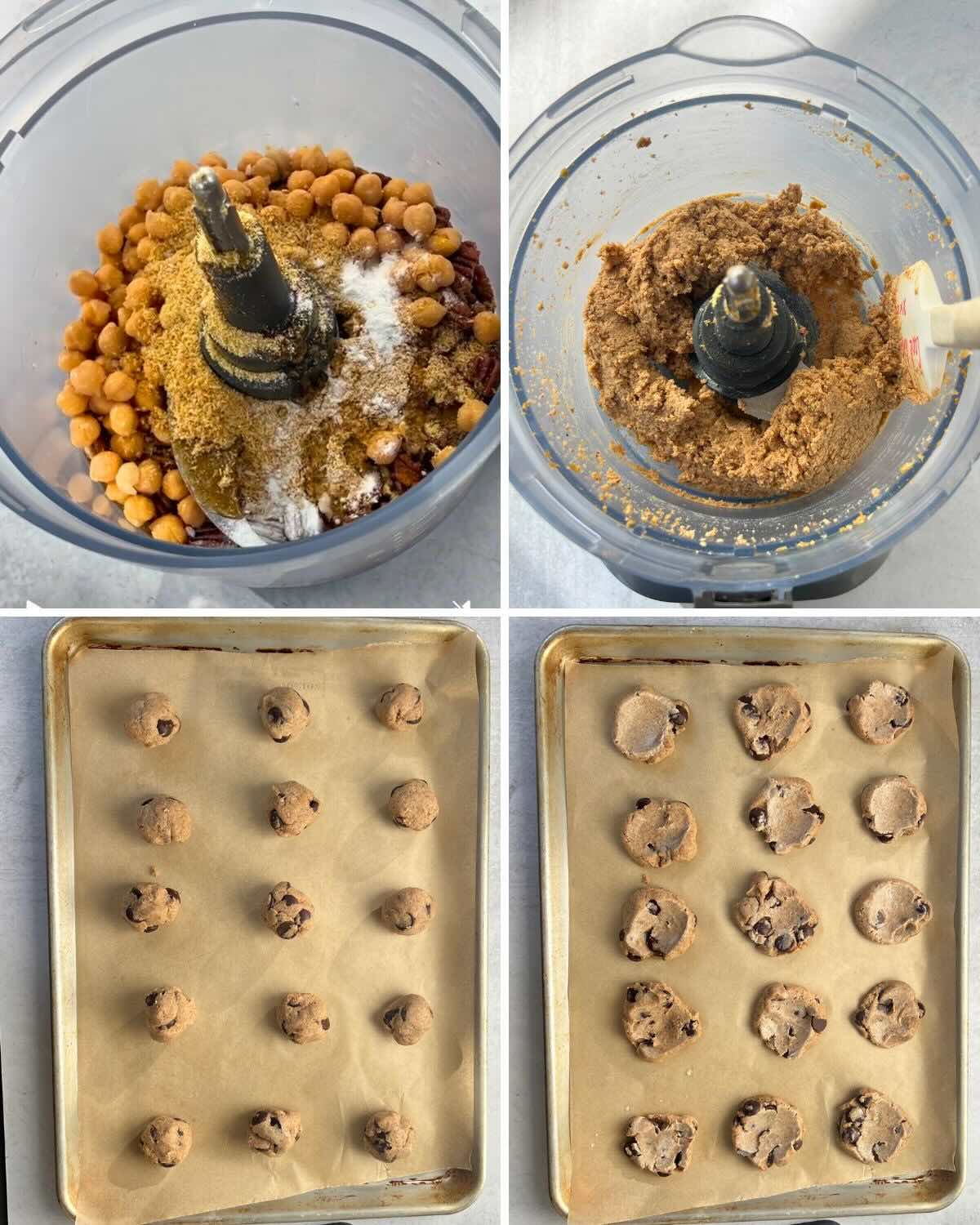 Four photo collate with step by step photos showing how to make chickpea cookies with a food processor and baking sheet.