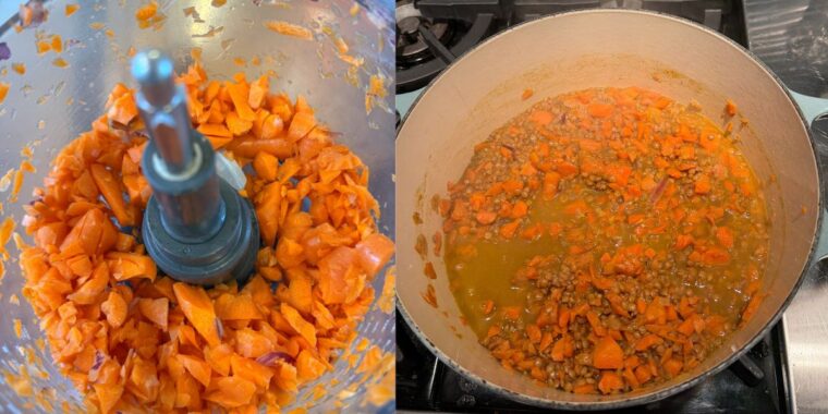 Photo collage with chopped carrots and carrot lentil soup in a Dutch oven.