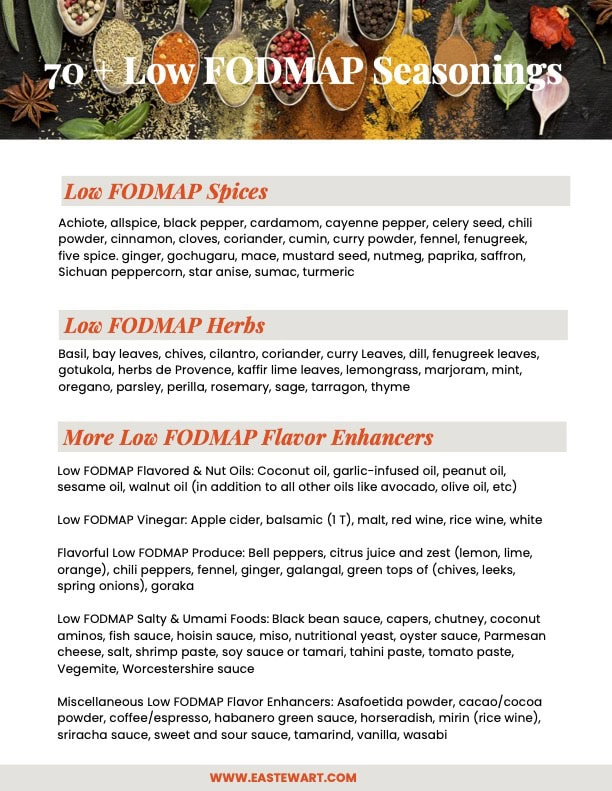 Photo of a PDF printable guide featuring low FODMAP spices, herbs, and seasonings.