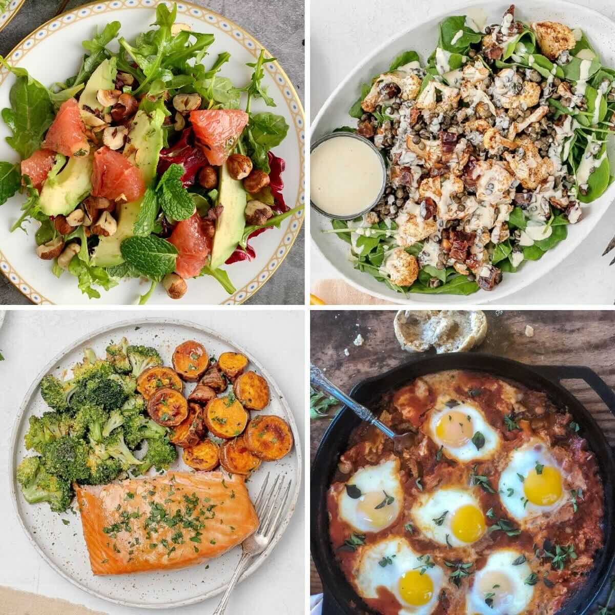 Collage with 4 photos: grapefruit salad, salmon, shakshuka, and cauliflower lentil salad.