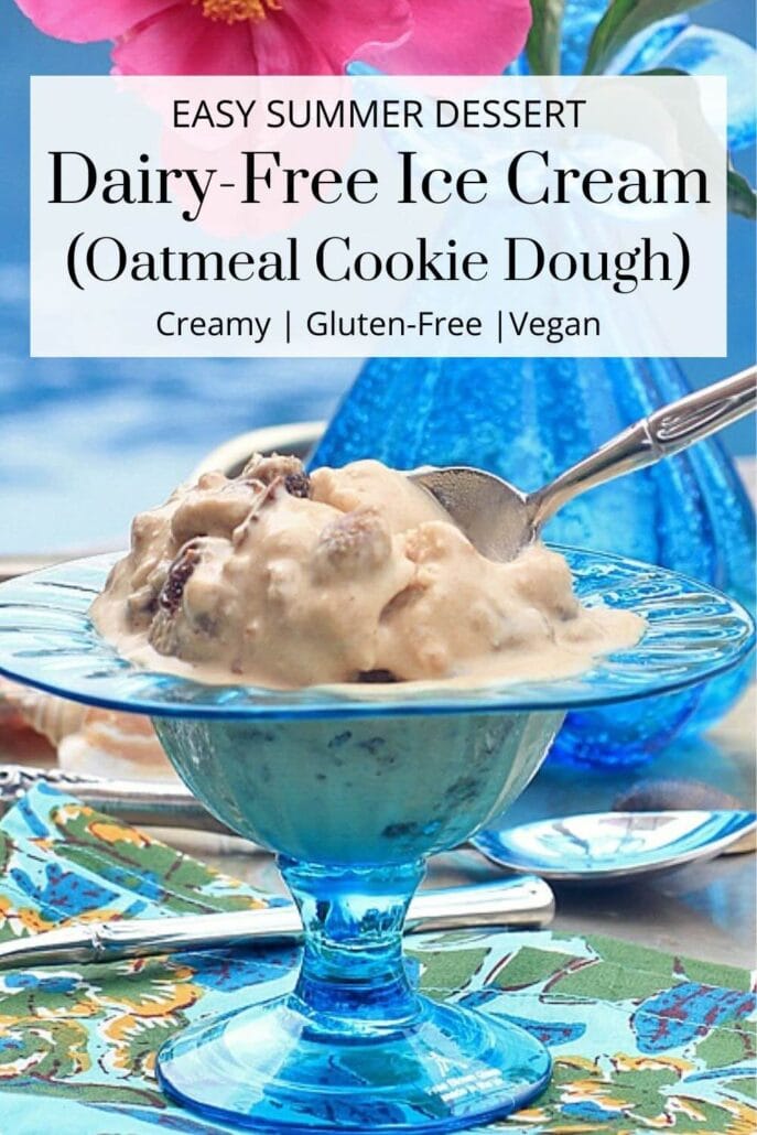Blue glass bowl with a scoop of oatmeal cookie dough dairy free ice cream.