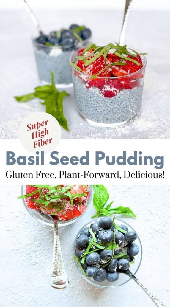 Two photo collage featuring pictures of basil seed pudding topped with strawberries or blueberries.